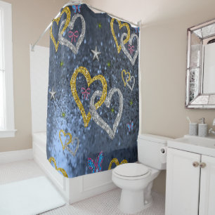 blue grey heart gold silver shower curtain