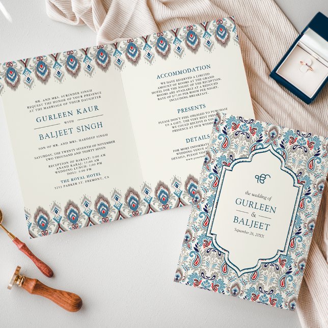 Blue Grey Ikat All in One Anand Karaj Sikh Wedding Invitation (Creator Uploaded)