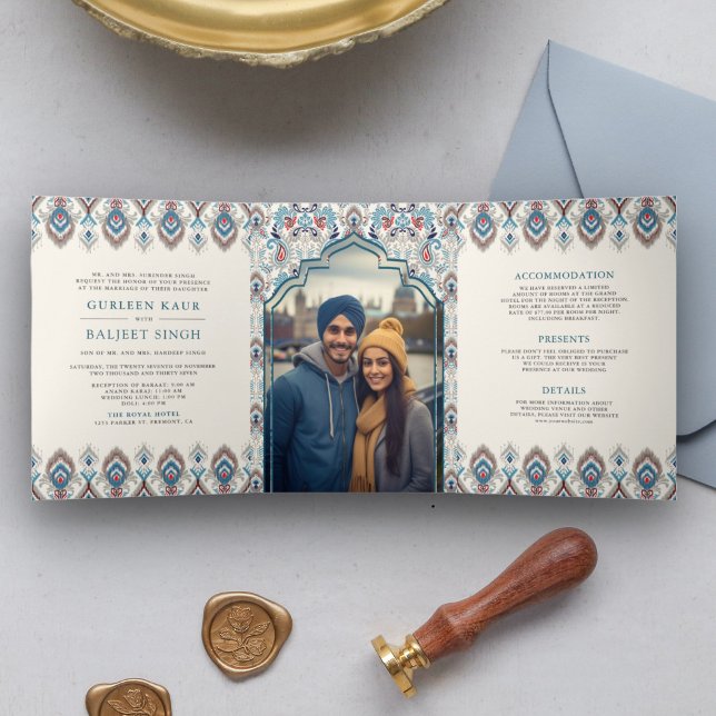 Blue Grey Ikat All in One Anand Karaj Sikh Wedding Tri-Fold Invitation (Creator Uploaded)