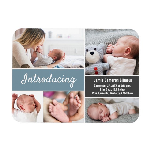 Blue grey Introducing baby boy photo collage Magnet (Horizontal)