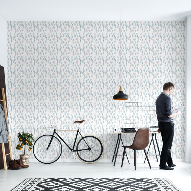 Blue & Grey Leaves Pattern Wallpaper (Living Room)