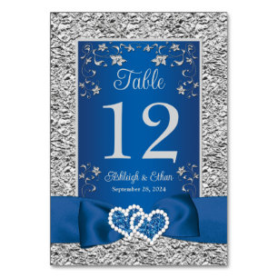 Blue, Grey Love Hearts Wedding Table Number Card