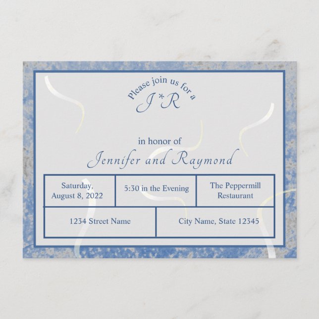 Blue & Grey Marble Monogramed Rehearsal Dinner Enclosure Card (Front)