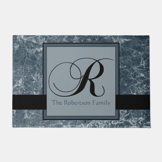 Blue Grey Marble Pattern Black Monogram R Add Name Doormat (Front)