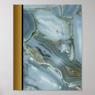 Blue Grey Marble Stone / Black Gold Border Art Poster