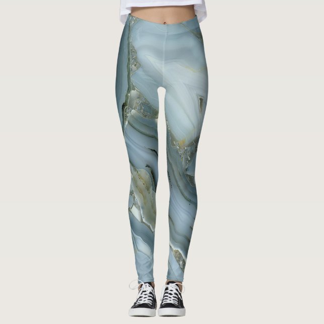 Blue Grey Marble with Gold Vein Drawstring Bag Leggings (Front)