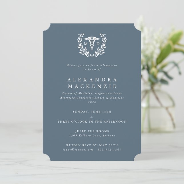 Blue-Grey MD Caduceus+Laurel Wreath Graduation Invitation (Standing Front)