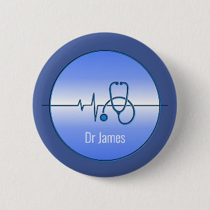 Blue Grey Medical Stethoscope Heartbeat 6 Cm Round Badge