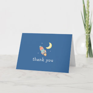 Blue Grey Minimal Over The Moon Rocket Baby Shower Thank You Card