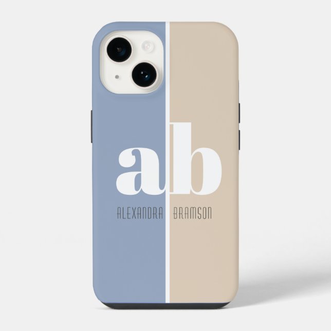Blue & Grey Minimalist Monogram Name & Initials iPhone Case (Back)