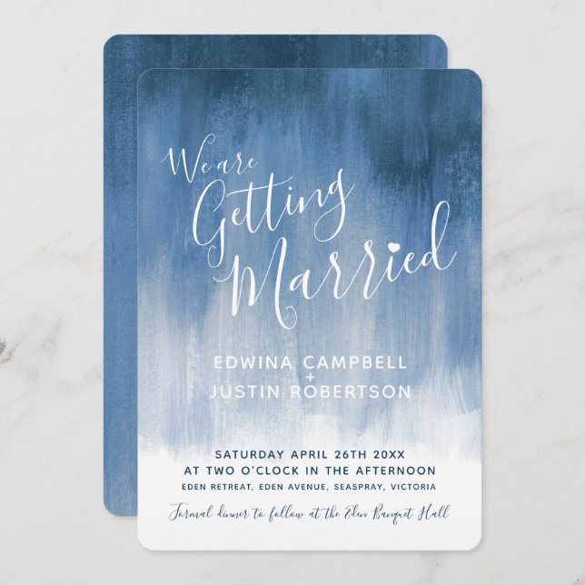 Blue grey modern graded art wedding invites (Front/Back)