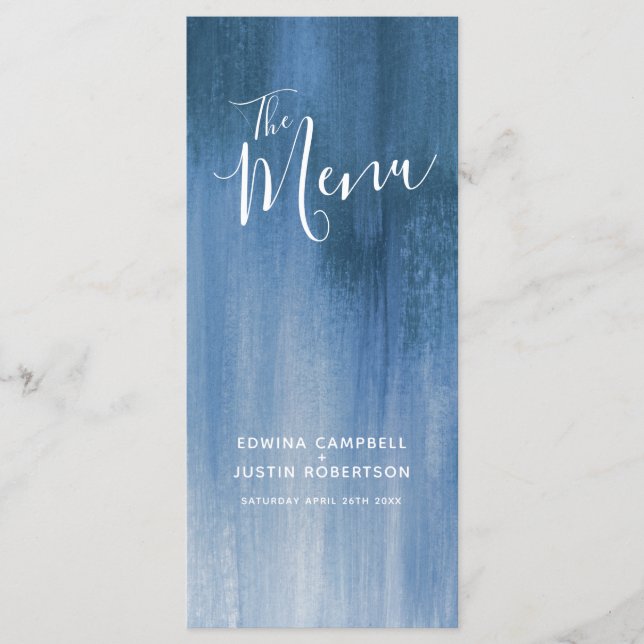 Blue grey modern graded art wedding menu rack pack (Front)