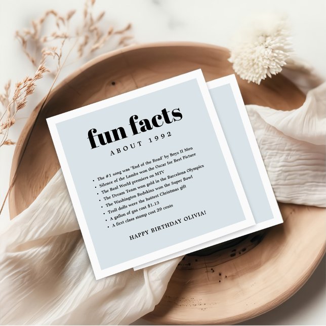 Blue Grey Modern Minimal Fun Facts Birthday Year  Napkin (Creator Uploaded)
