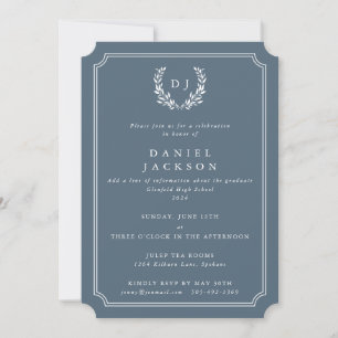 Blue-Grey Monogram Laurel Wreath Graduation Invitation