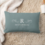 Blue Grey Monogram Lumbar Pillow<br><div class="desc">Bring warmth and elegance to your home with this customisable smoky blue lumbar pillow. Easily personalise with your monogram, family name, and est. date, making it a meaningful accent for your living room, bedroom, or entryway. The soft grey blue backdrop offers a soothing, contemporary feel that complements a variety of...</div>