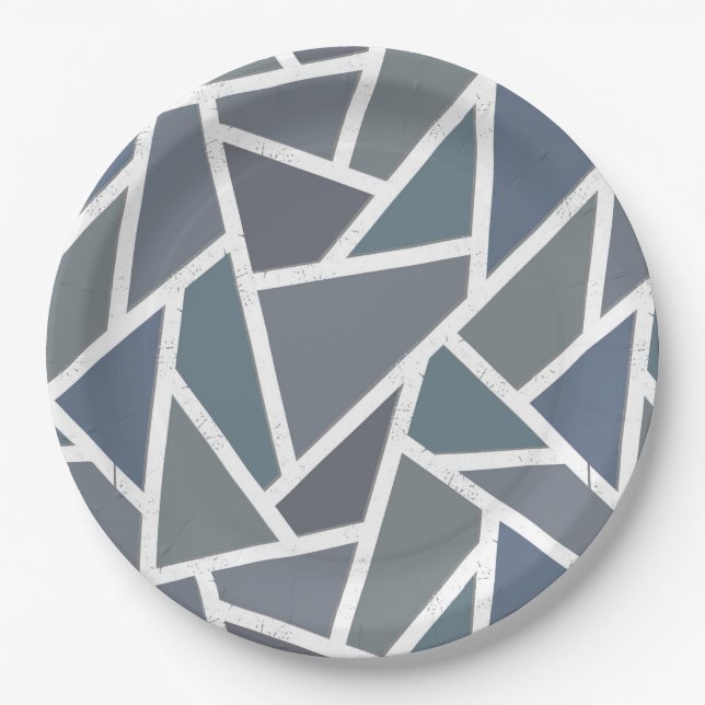 Blue-grey mosaic pattern paper plate (Front)