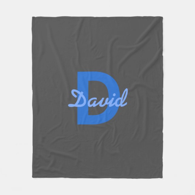 Blue & Grey Name & Monogram Fleece Blanket (Front)