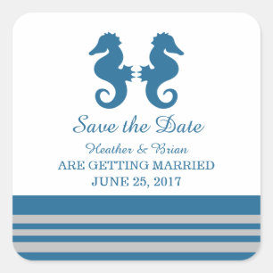 Blue Grey Nautical Seahorse Save the Date Square Sticker