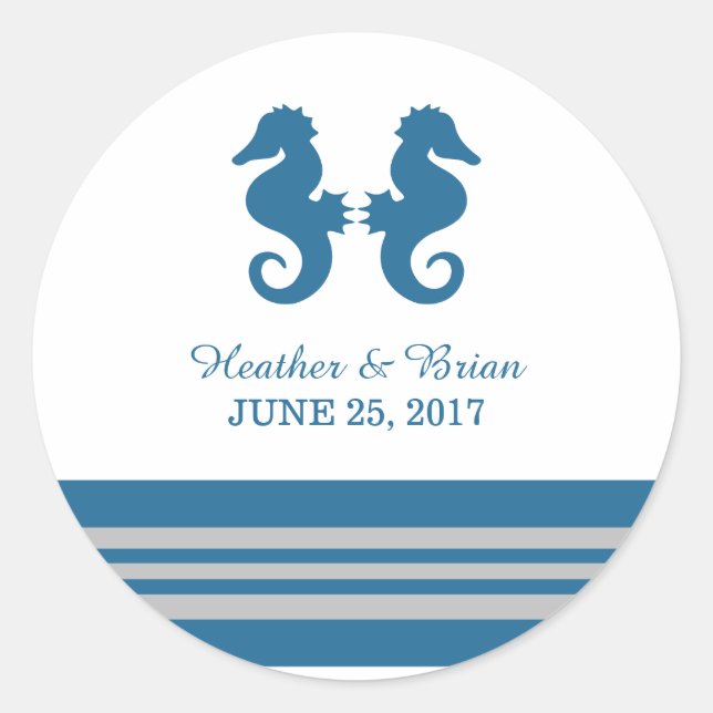 Blue Grey Nautical Seahorse Wedding Stickers (Front)