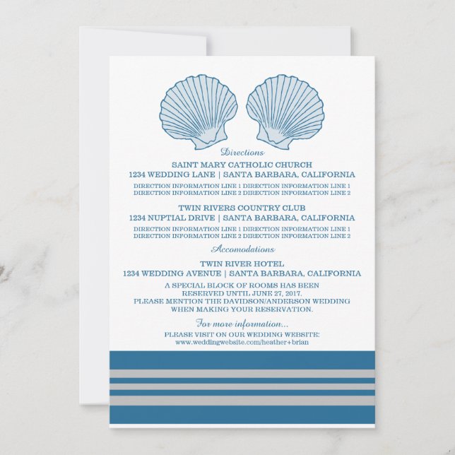 Blue Grey Nautical Seashells Information Card (Front)