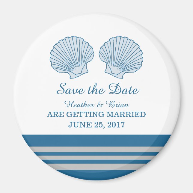 Blue Grey Nautical Seashells Save the Date Magnet (Front)