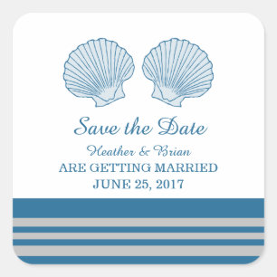 Blue Grey Nautical Seashells Save the Date Square Sticker