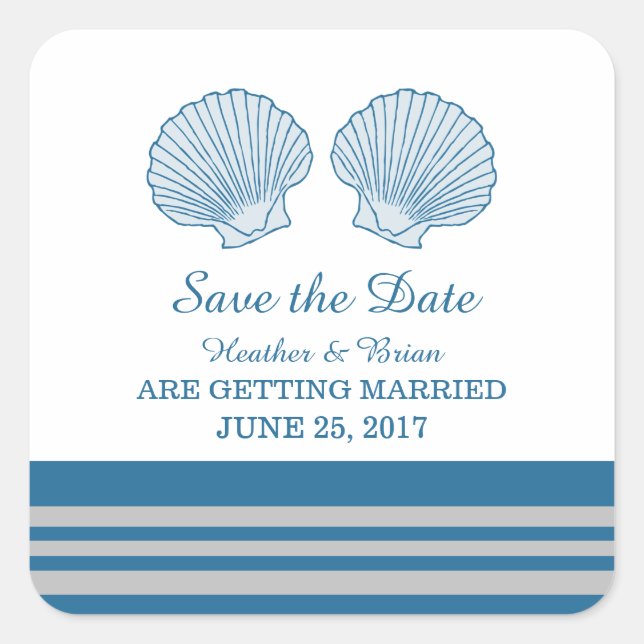 Blue Grey Nautical Seashells Save the Date Square Sticker (Front)