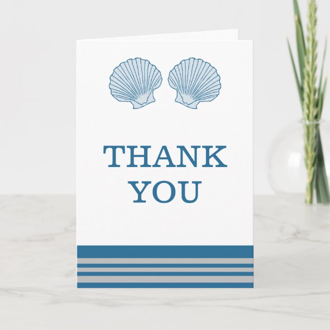 Blue Grey Nautical Seashells Thank You Card (Front)