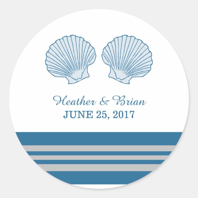 Blue Grey Nautical Seashells Wedding Stickers (Front)
