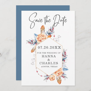 Blue Grey Orange Floral Geometric Frame Wedding  Save The Date
