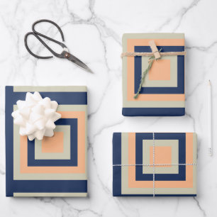 Blue Grey Orange Geometric Squares Pattern Wrapping Paper Sheet