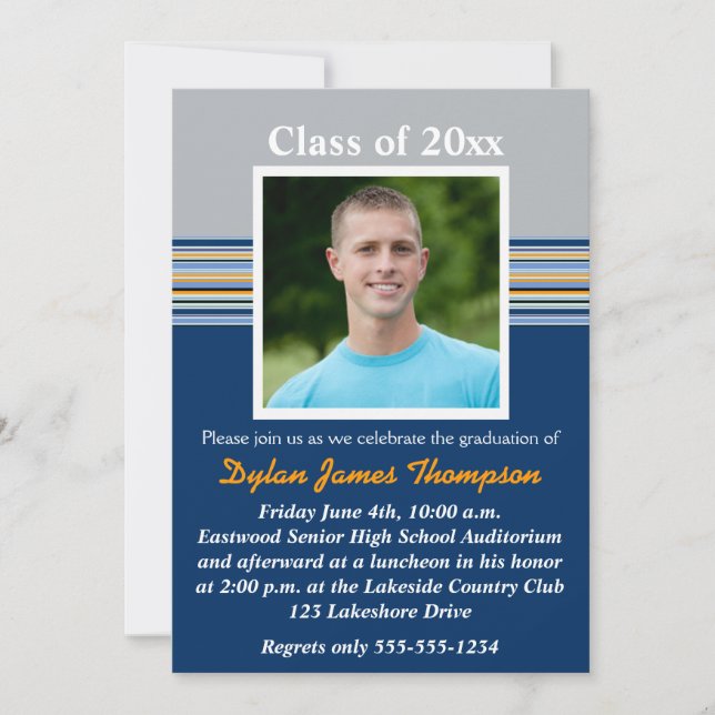 Blue, Grey, Orange Photo Graduation Invitation (Front)