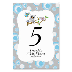 Blue & Grey Owl Baby Shower Theme Table Numbers
