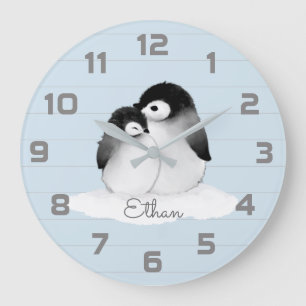 Blue Grey Penguin Nursery Decor Wall Clock