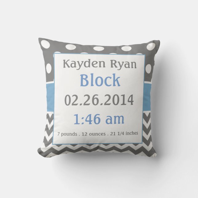 Blue Grey Personalised Baby Announcement Pillow (Front)