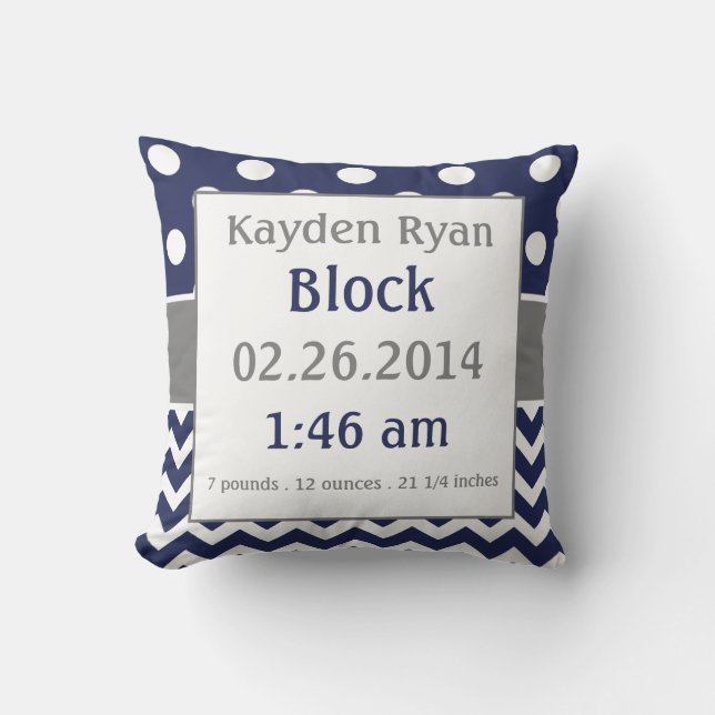Blue Grey Personalised Baby Announcement Pillow (Front)