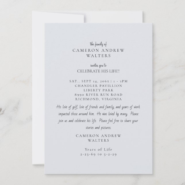 Blue Grey Photo Celebration of Life Invitation (Front)