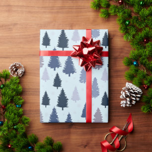 Blue Grey Pine Christmas Trees And Snowflakes Wrapping Paper