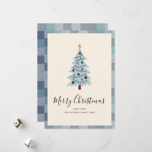 Blue Grey Plaid Minimal Christmas Tree Holiday Card