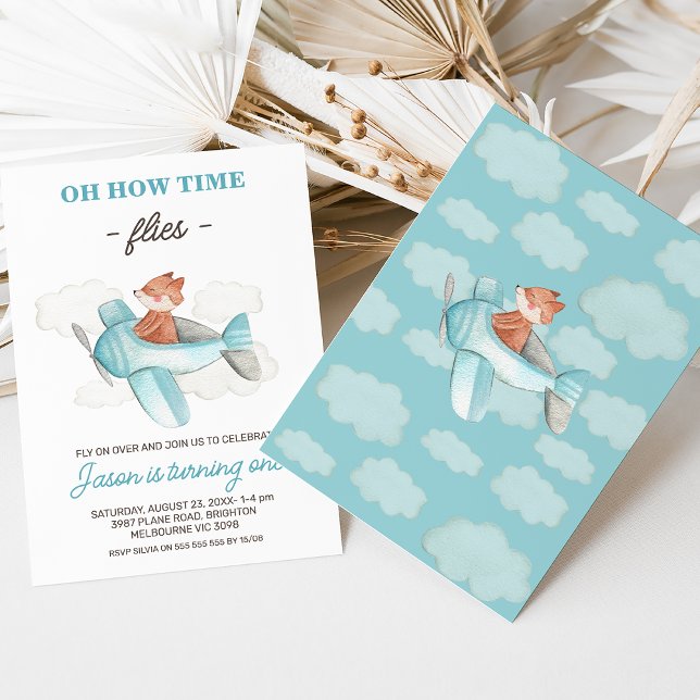 Blue Grey Plane How Time Flies 1st Birthday  Invitation (Plane themed boy's first birthday invitation for a baby boy featuring an airplane, fox and clouds.)