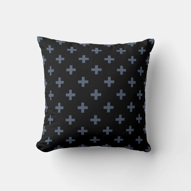Blue-grey polka crosses on black cushion (Front)