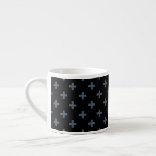 Blue-grey polka crosses on black espresso cup