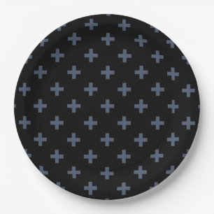 Blue-grey polka crosses on black paper plate