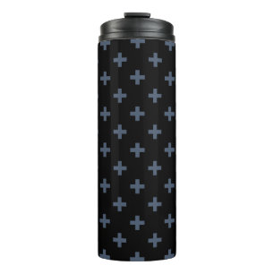 Blue-grey polka crosses on black thermal tumbler