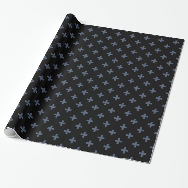 Blue-grey polka crosses on black wrapping paper (Unrolled)