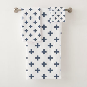 Blue-grey polka crosses on white bath towel set