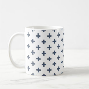 Blue-grey polka crosses on white coffee mug