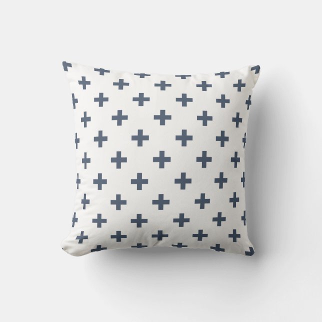 Blue-grey polka crosses on white cushion (Front)