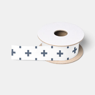 Blue-grey polka crosses on white satin ribbon