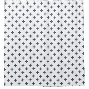 Blue-grey polka crosses on white shower curtain